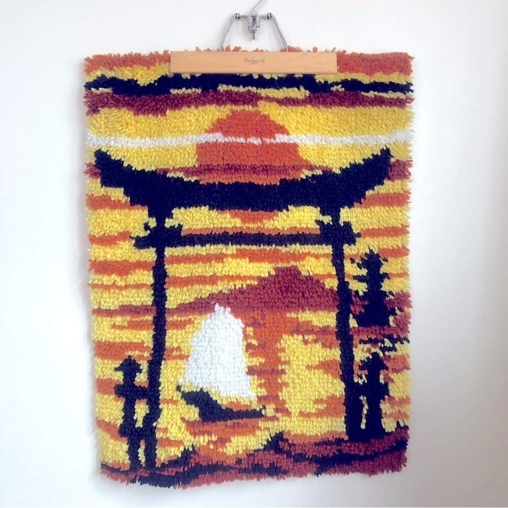 VINTAGE sunset and sailboat latch hook wall hanging